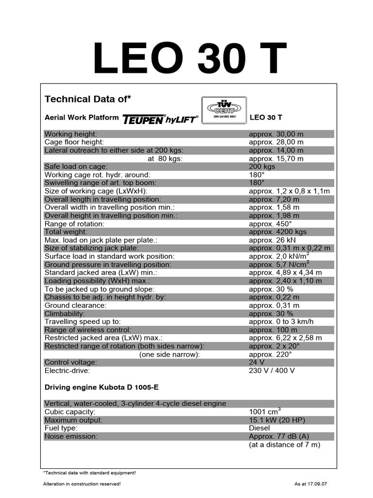 LEO 30 T Aerial Work Platform Specs | PDF | Diesel Engine | Vehicles