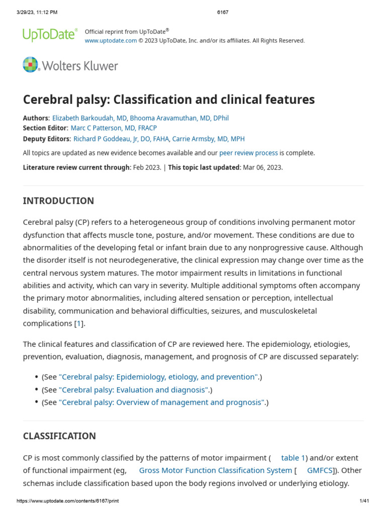 Cerebral Palsy Classification and Clinical Features PDF Urinary