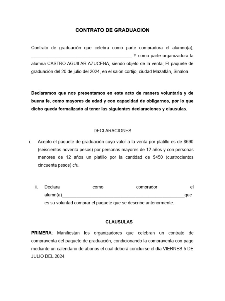 Contrato de Graduacion | Descargar gratis PDF | Consentimiento | Ley de ...