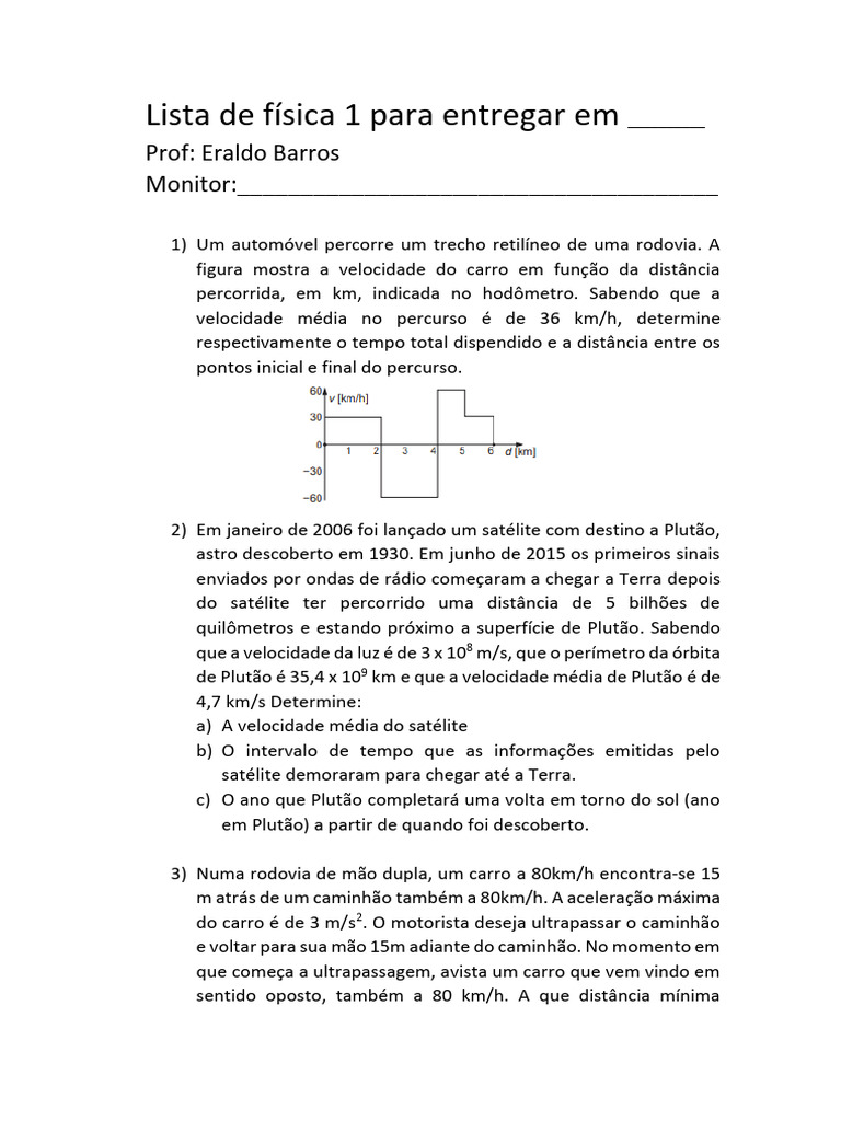 Lista de Exercícios de Física 1 | PDF | Satélite | Aceleração