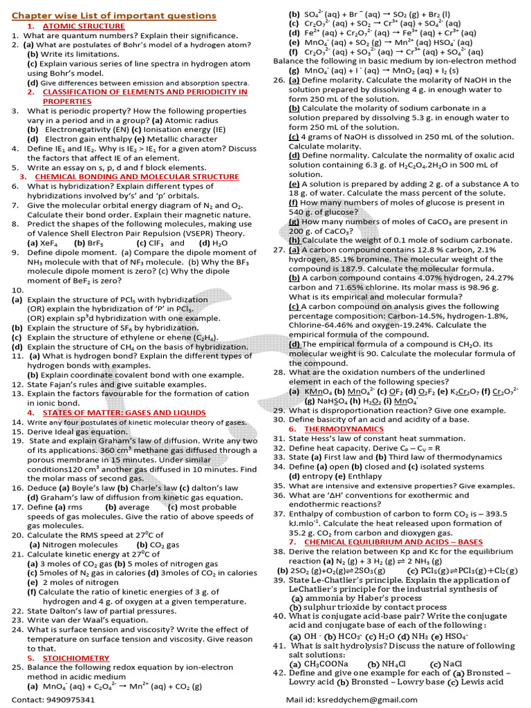 Important Chemistry Questions by Chapter | PDF | Molecules | Gases