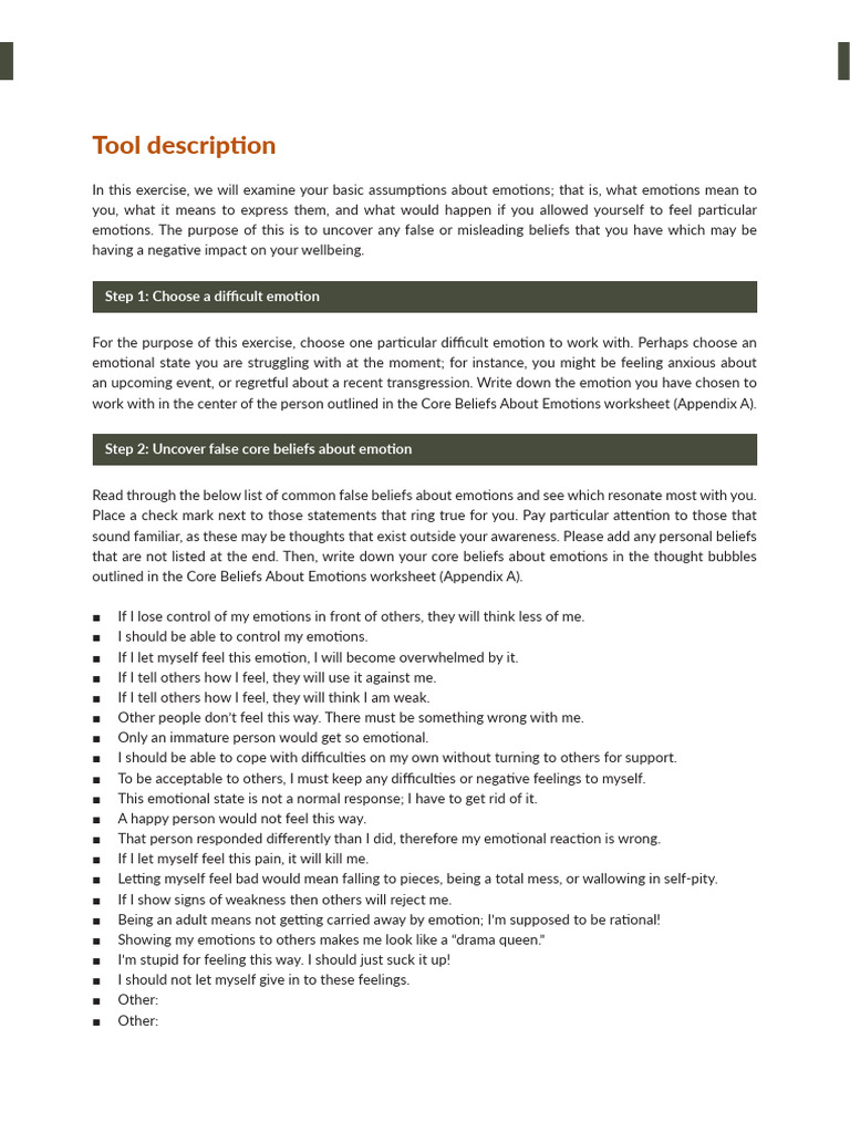 Core Beliefs About Emotions Exercise | PDF | Emotions | Feeling