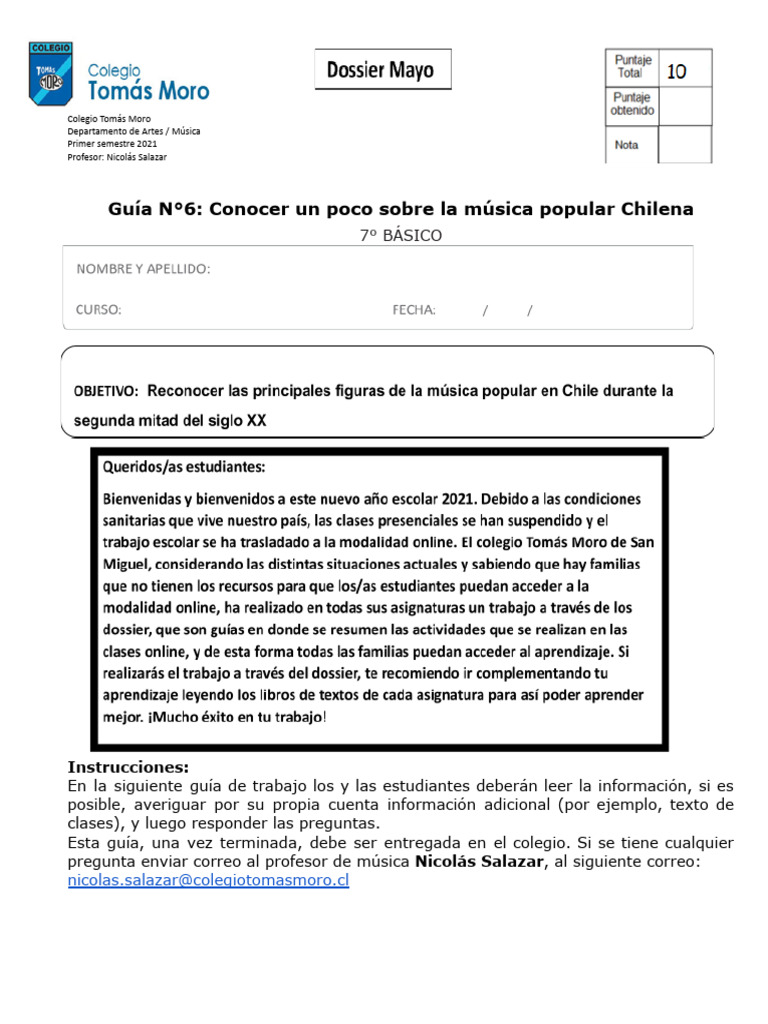 Guía Dossier N°6 - Música - 7° Básico | PDF | Musica Popular