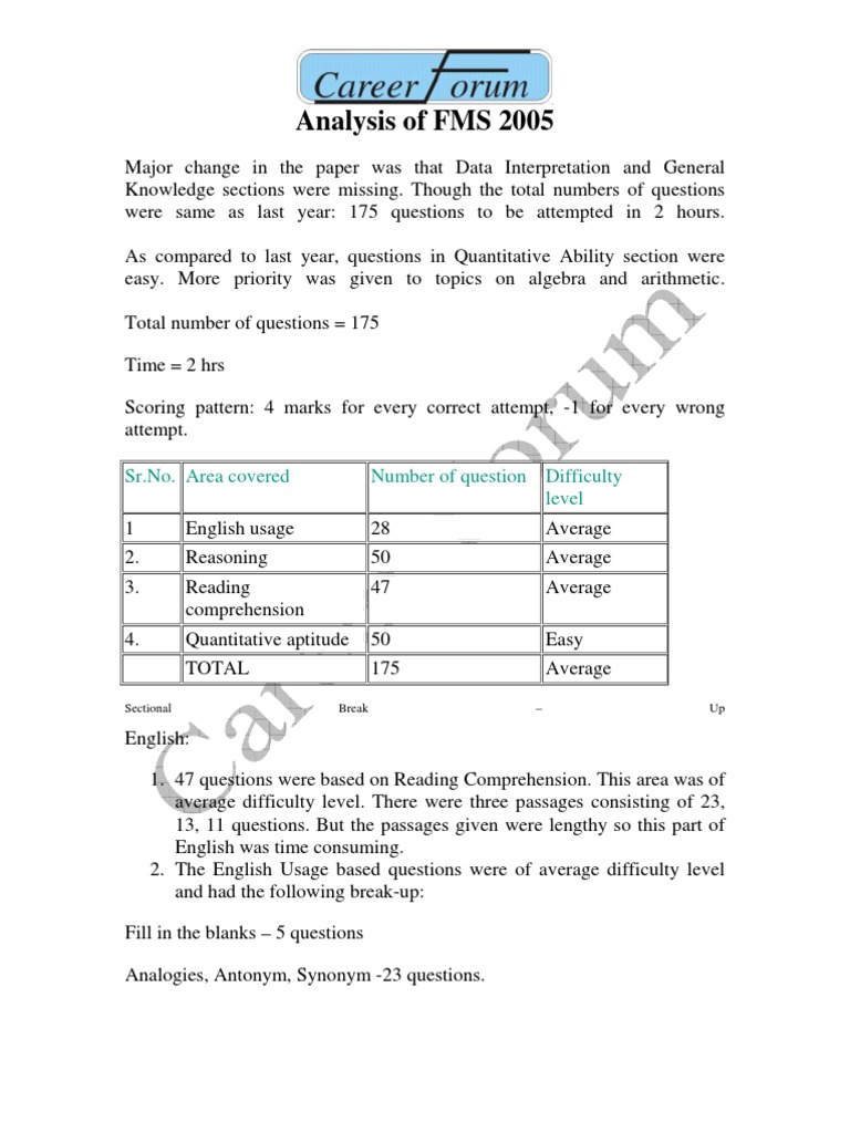 Analysis Of Fms 2005 Pdf Teaching Mathematics Science