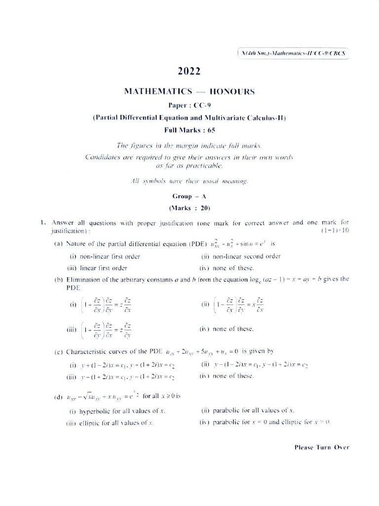RMCCU-2022 B.Sc. (Honours) Mathematics Semester-4 Paper-CC-9 QP | PDF ...