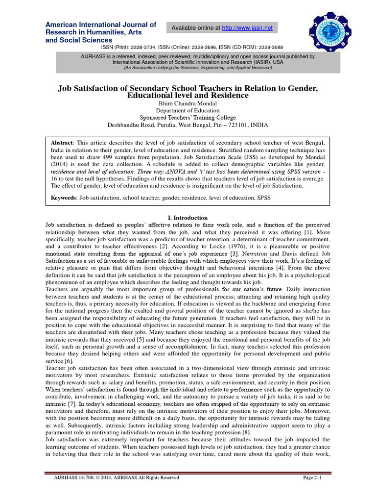 Job Satisfaction of Secondary School Tea | PDF | Motivation | Motivational