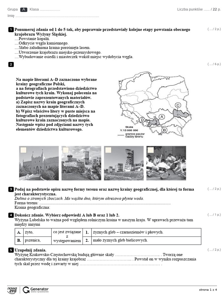 Sprawdzian Geografia Klasa 5 Mapa Polski Krajobrazy Polski Część 2 Test - Ekowydruk | PDF