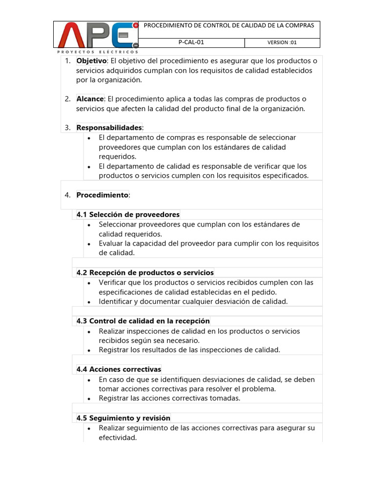 Control de Calidad en Compras P-CAL-01 | PDF | Calidad (comercial ...