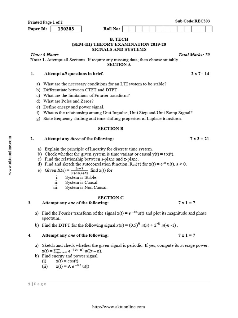 Signals and Systems Exam Paper 2019-20 | PDF | Signal Processing ...