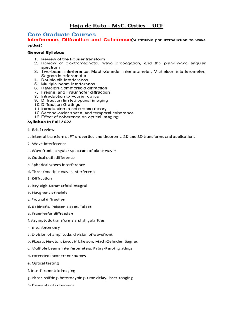 UCF MsC Optics Graduate Course Syllabus | PDF | Laser | Optics