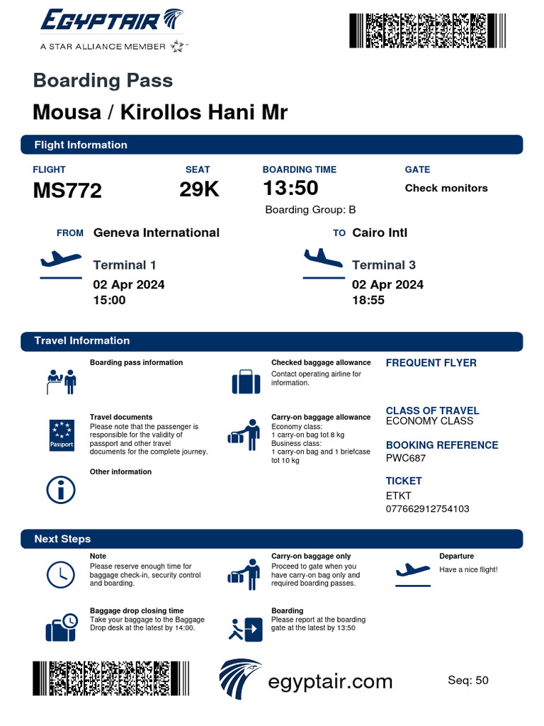 Your Boarding Pass to Cairo EGYPTAIR2 PDF Baggage Airlines