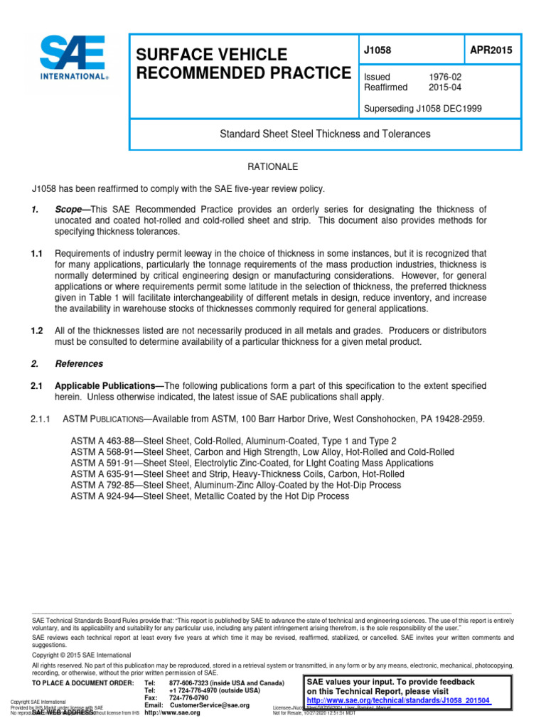 SAE J1058 (2015 04) (Steel Sheet Thickness Tolerance) | Download Free ...