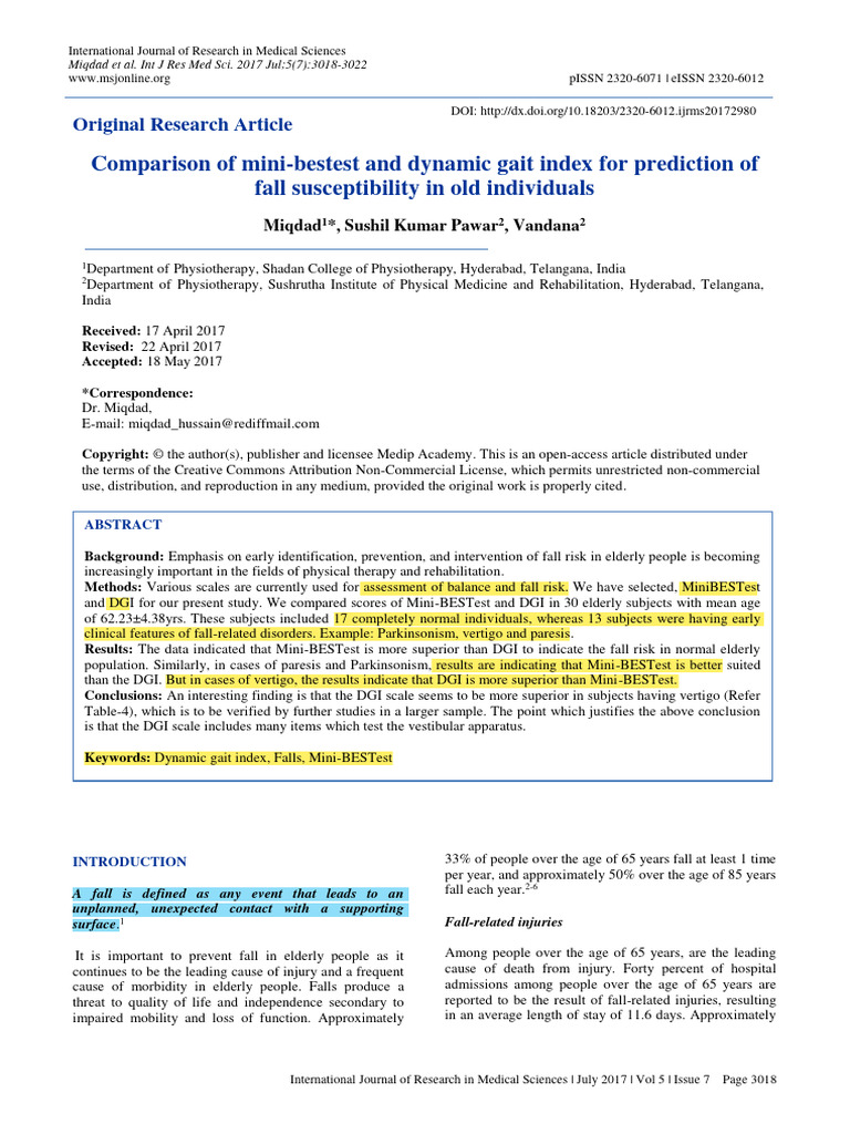 Comparison of Mini-Bestest and Dynamic Gait Index For Prediction of ...
