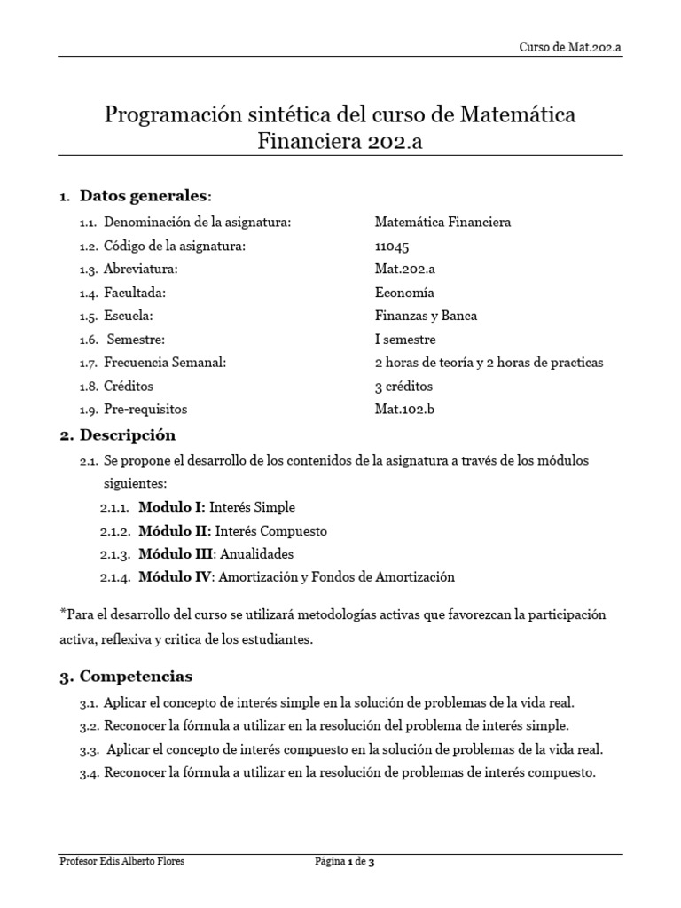 Programación del Curso de Matemática Financiera | PDF | Finanzas ...