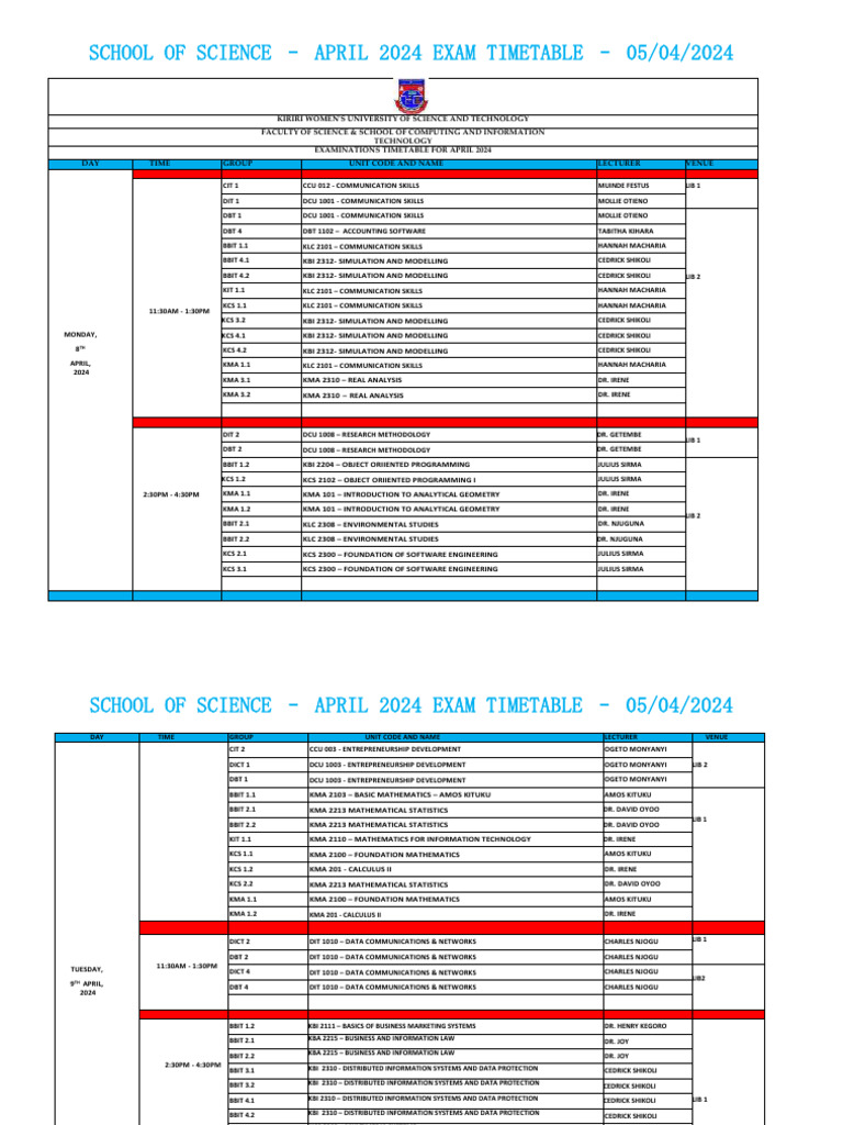 April 2024 Exam Timetable - KWSUST | PDF | Computing | Computer Science