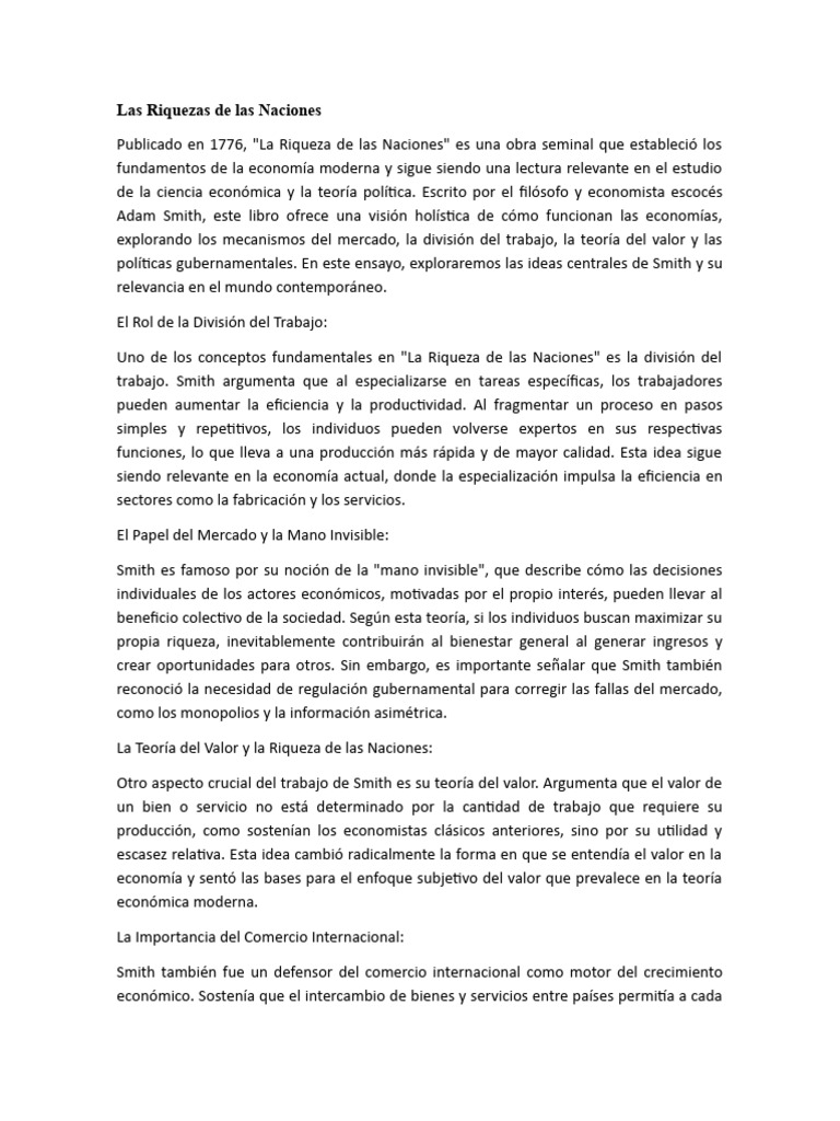 Ensayo Las Riquezas de Las Naciones | PDF | La riqueza de las naciones ...