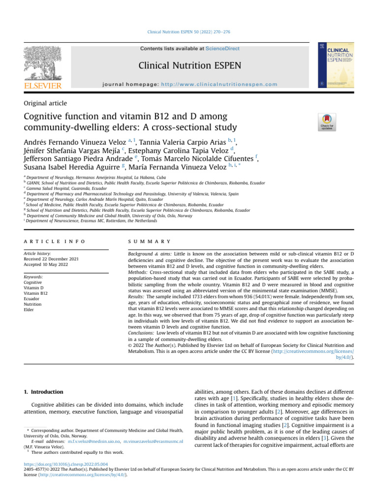 Cognitive Function and Vitamin B12 and D Among Com | PDF | Vitamin D ...