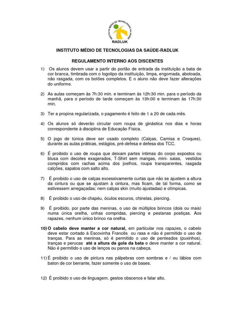 Regulamento Interno da Escola Radluk | PDF | Roupas | Moda