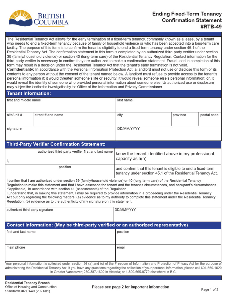 Early Termination of Tenancy Form RTB-49 | PDF | Leasehold Estate ...