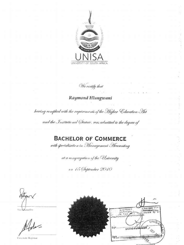 Unisa Academic Record Id and Copy of Degree PDF