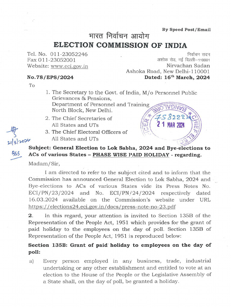 ECI Letter - Paid Holiday For Parliment Elections | PDF