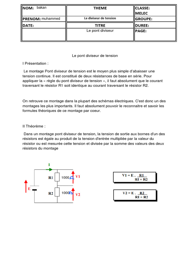 Comprendre le pont diviseur de tension | PDF | Tension électrique ...
