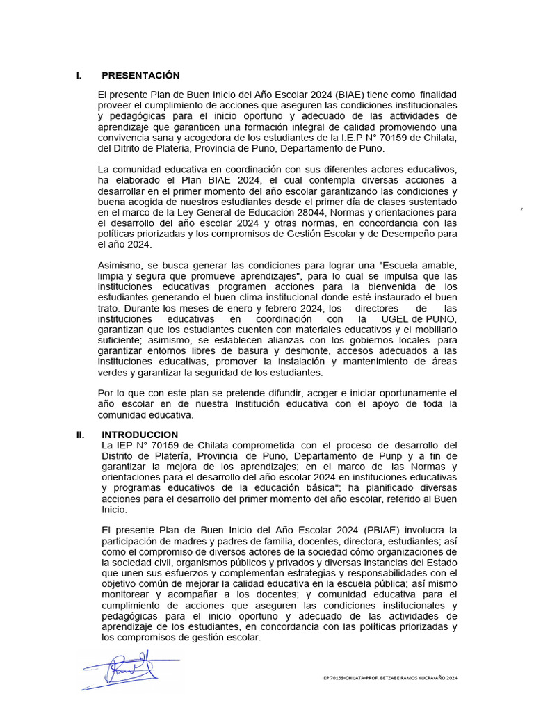 Plan Buen Inicio Escolar 2024 IEP 70159 | PDF | Educación primaria ...