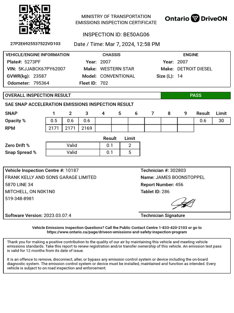 2007 Western Star Emissions Pass Report | PDF | Motor Vehicle | Transport