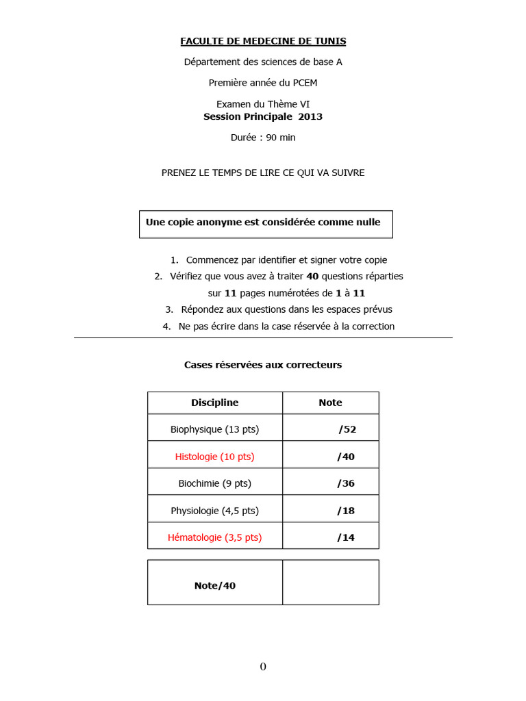 Examen de Médecine 2013 Questions Clés PDF Coagulation Lymphocyte — free download