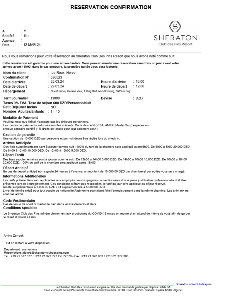 Confirmation de réservation Sheraton Club | PDF | Bancaire ...