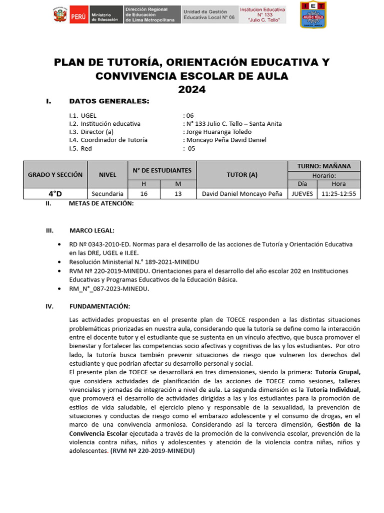 Plan de Tutoría 2024 para Secundaria | PDF | Salón de clases | Violencia