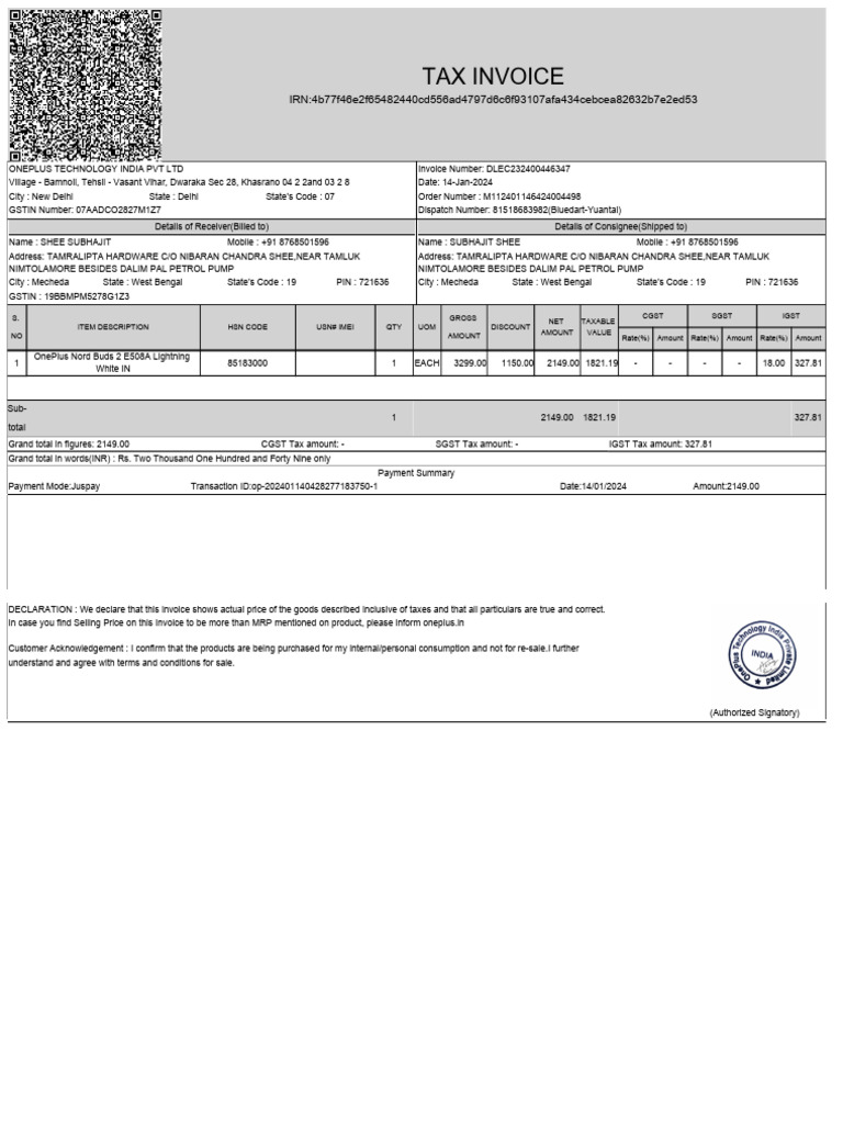 OnePlus Nord Buds Invoice Details | PDF | Invoice | Taxes