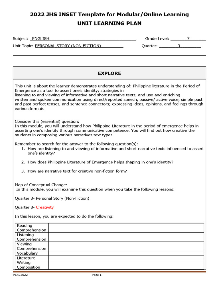 Unit Learning Plan For Modular - Online Learning Final | PDF | Reading ...