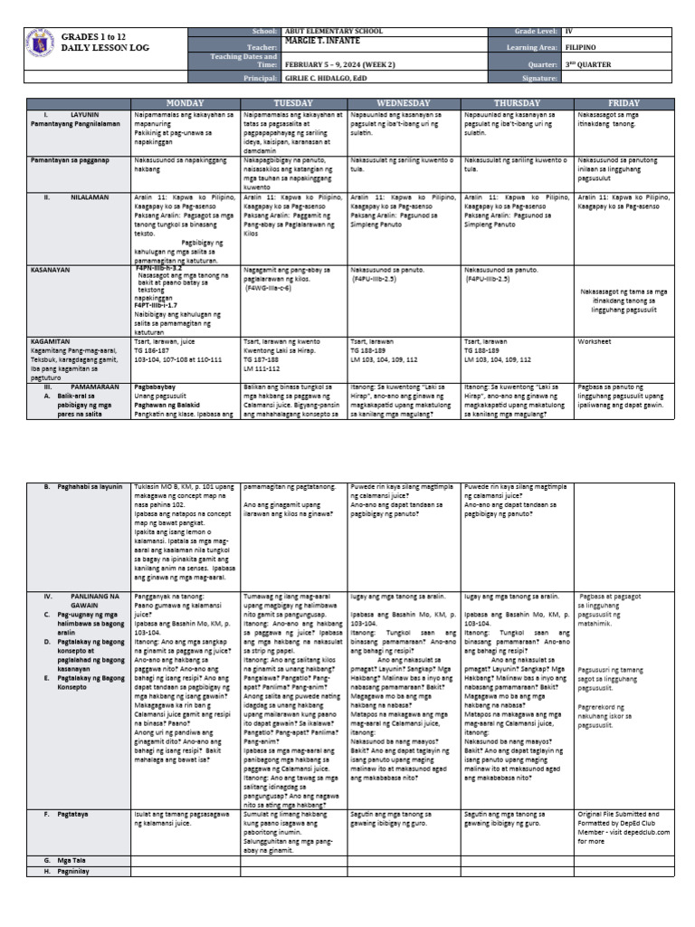 DLL - Filipino 4 - Q3 - W2 | PDF