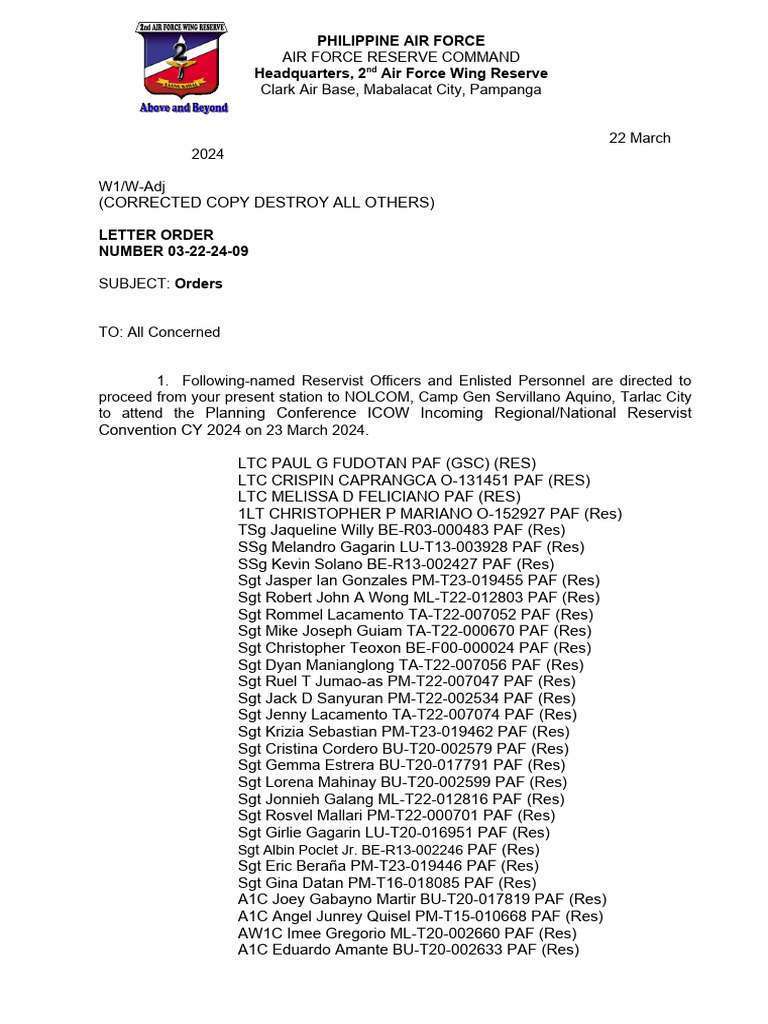 Reservist Orders for NOLCOM Conference | PDF | Air Forces | Military