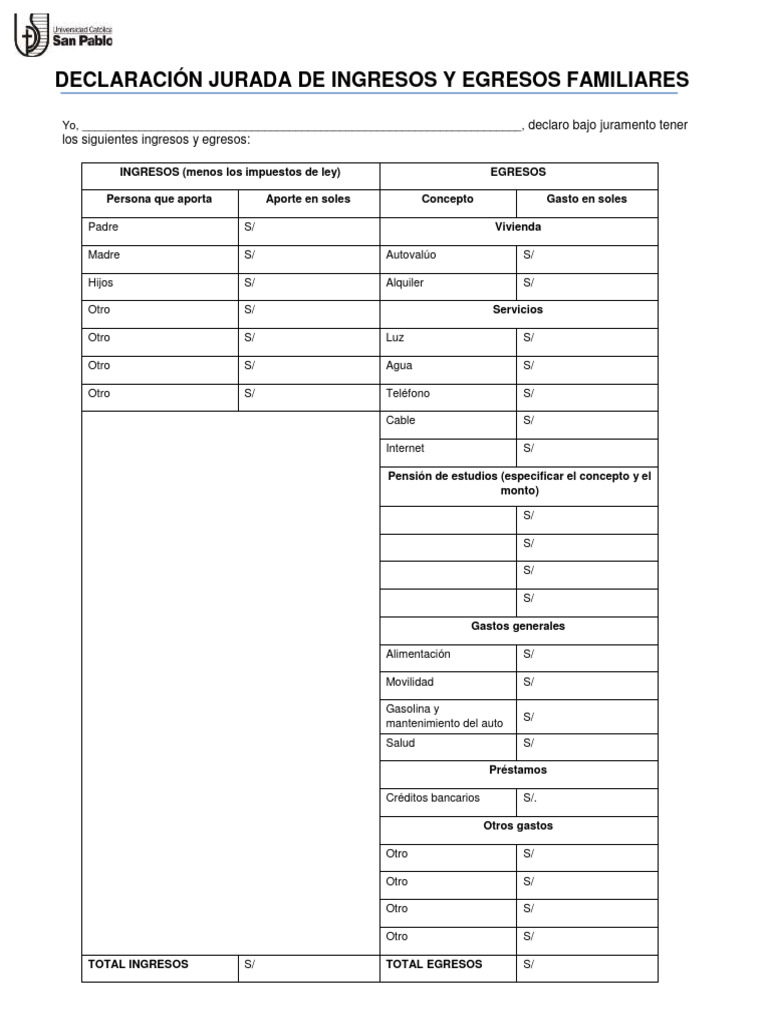 Declaración Jurada de Ingresos y Egresos | PDF | Documento de identidad