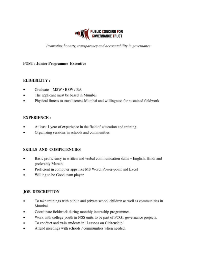 JR Programme Executive - Job Profile | PDF