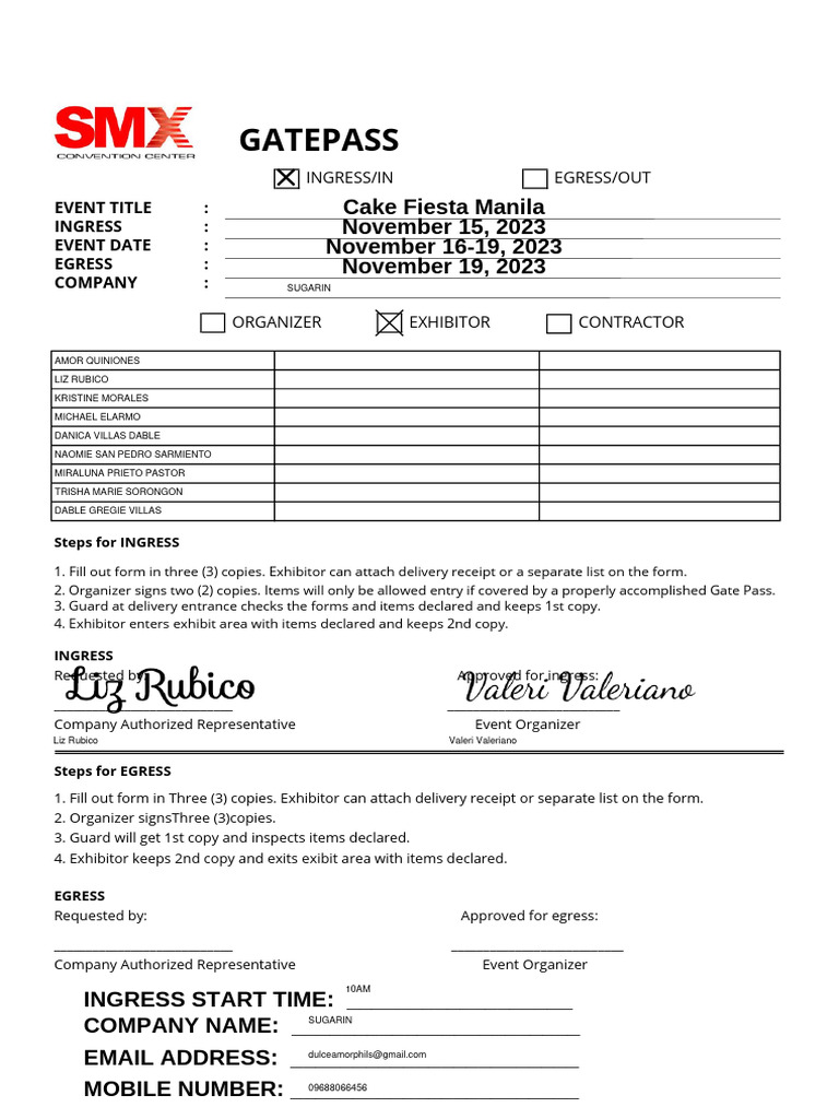 SUGARIN Ingress - Egress Gate Pass | PDF
