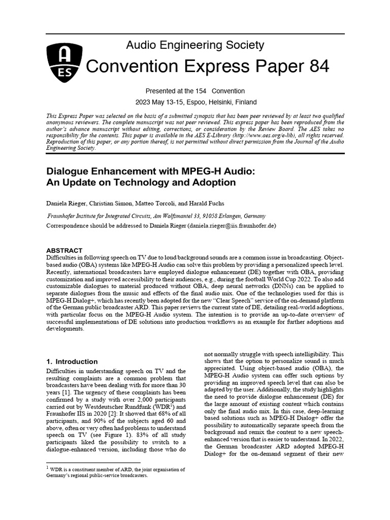 MPEG-H Audio: Enhancing TV Dialogue | PDF | Metadata | Deep Learning