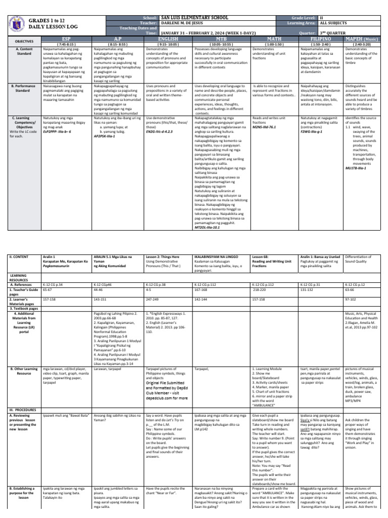 Grade 2 Daily Lesson Plan | PDF | Linguistics
