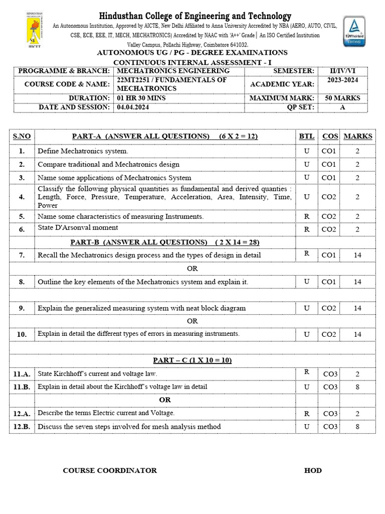 Mechatronics Fundamentals Exam Paper | PDF | Electrical Network | Resistor