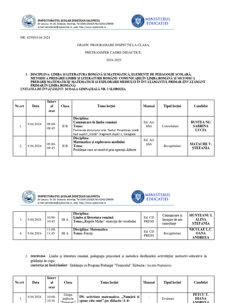 Grafic Programare Inspectii Scolare 2024 | PDF
