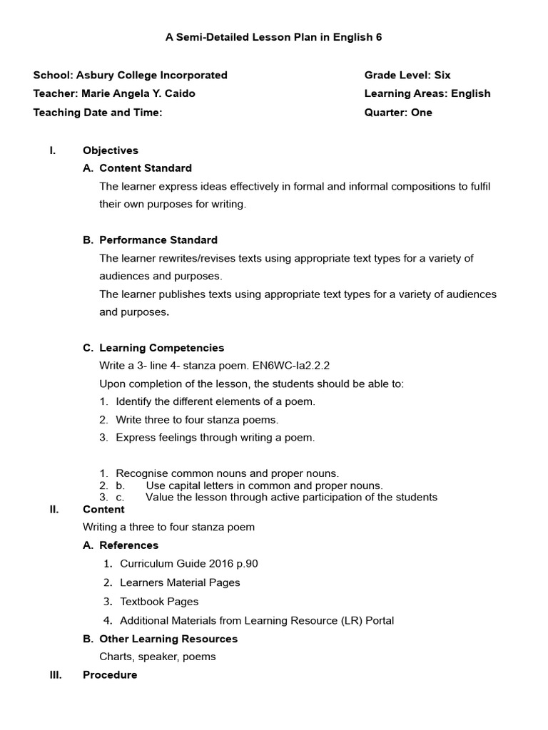 Lesson Plan for Writing Poems in Grade 6 | PDF | Poetry | Lesson Plan