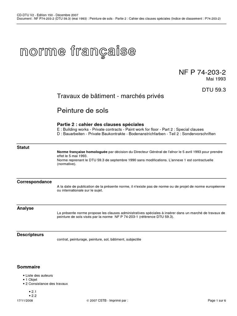 Cahier des clauses spéciales DTU 59.3 | PDF | Code de la construction ...