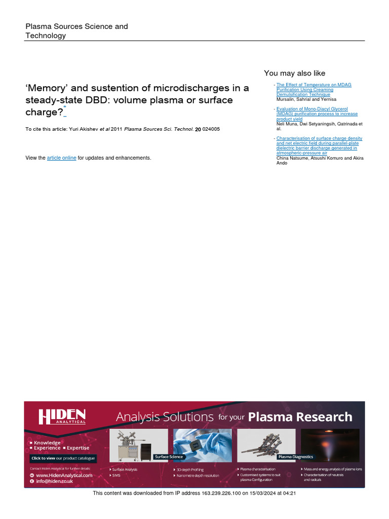 Akishev 2011 Plasma Sources Sci. Technol. 20 024005 | PDF | Plasma ...