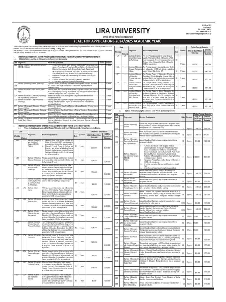 Lira University Call for Applications 20242025 PDF Bachelor's
