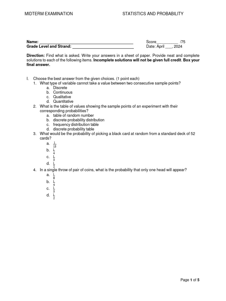 Statistics Midterm Exam Questions | PDF | Probability Distribution ...