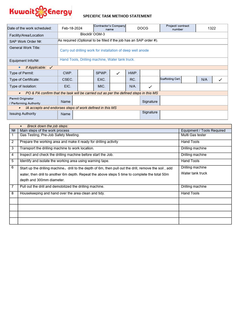 Deep Well Anode Installation Method Statement | PDF | Drilling ...