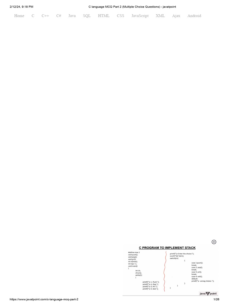 C Language MCQ Part 2 (Multiple Choice Questions) - Javatpoint | PDF ...