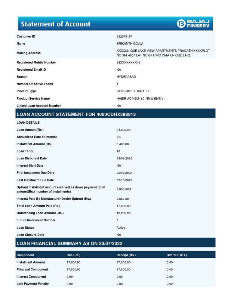 Loan Statement for Consumer Durable AC | PDF | Loans | Interest